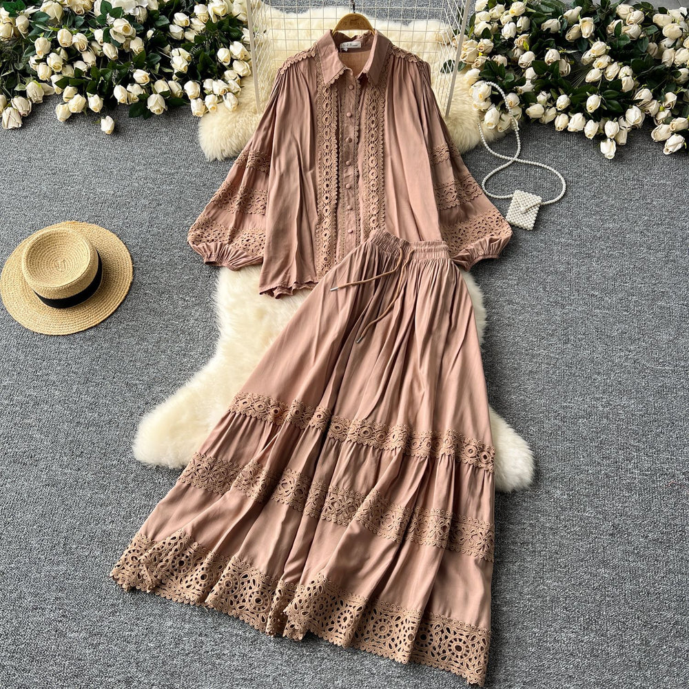 Age-reducing suit for women classy sense cut outlacepatchwork lantern long sleevesshirt + high waistslimming look large swing skirt