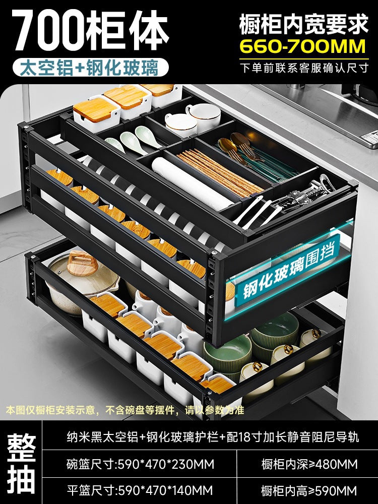 Pull Basket Kitchen Cabinet 304 Stainless Steel Double Layer Bowl Basket Drawer Type Seasoning Storage Dishes and Dishes Built-in Bowl Rack