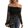 European and american cross-border  elegant fan-shape neck off-the-shoulder lace slim-fit long-sleeve top