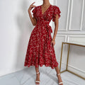 Amazon  european and american cross-border women's sexy deep v lace-up waist bestseller floral print vacation maxi dress