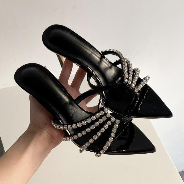 Xd huizhou autumn new european and american style rhinestone pointed toe stiletto heel women's open toe sexy versatile slippers