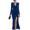 Women's autumn/winter elegant sexy deep v-neck cinched waist slit long sleeve velvet dress - perfect for evening events