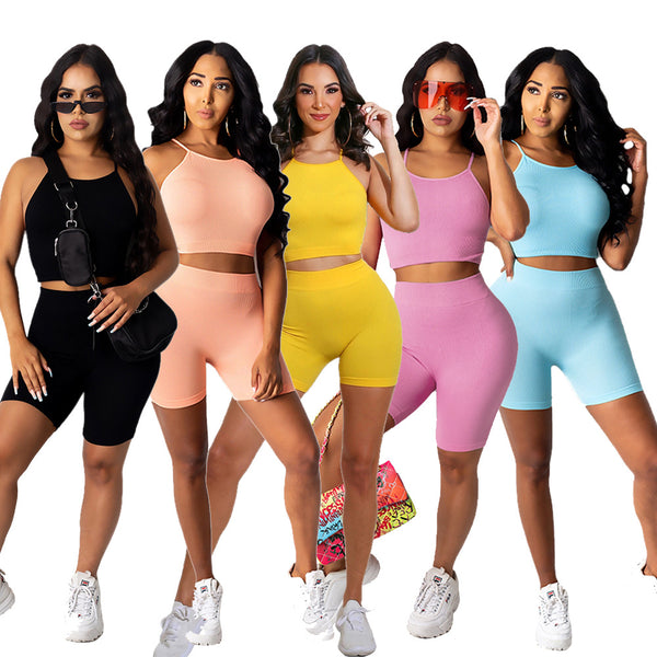 H225 European and American   independent station supply solid color suspender pit strip thread women's leisure set