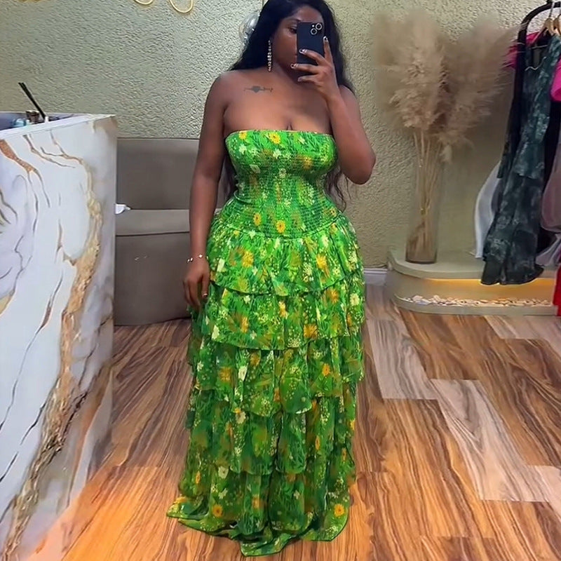 European and american cross-border women's fashion  summer new collection: fresh & chic vacation strapless printed ruffle tiered cake dress