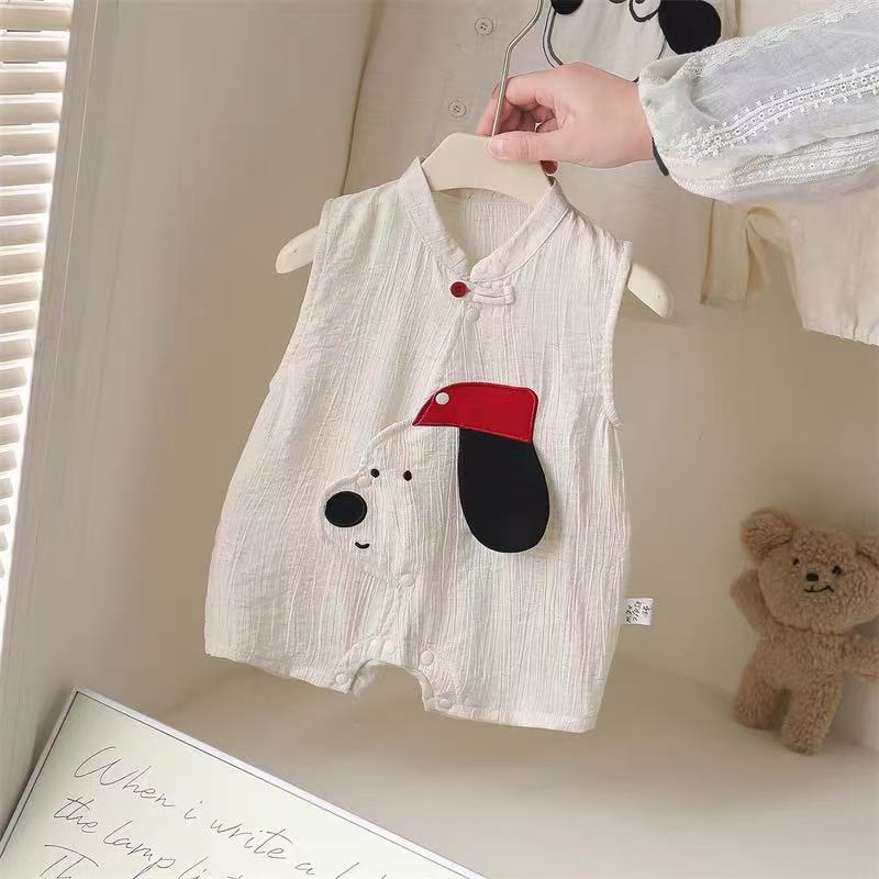 Summernew arrival sleeveless khaki cartoon summer baby clothes baby jumpsuit summer thin front cardigan rompers