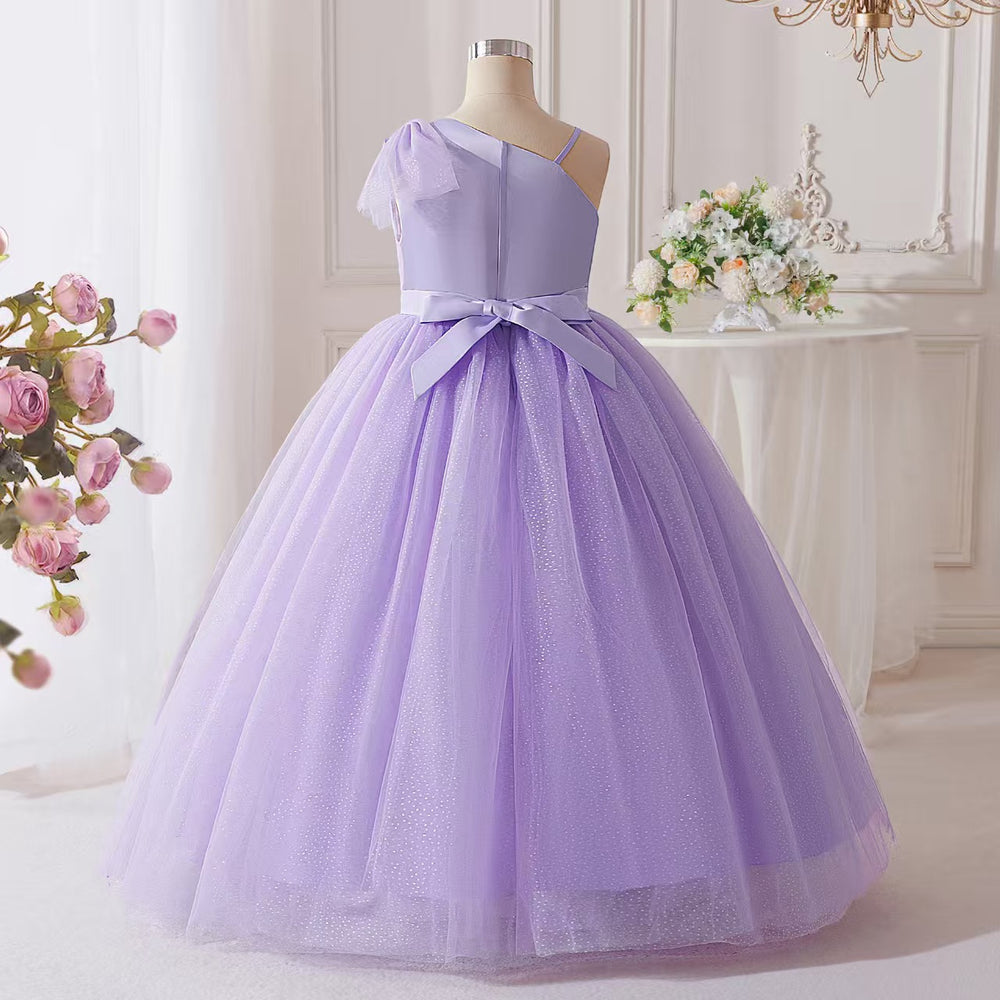 Girls' one-shoulder bowknot tulle princess dress - purple long gown for children's formal occasions, piano recitals, and performances