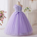Girls' one-shoulder bowknot tulle princess dress - purple long gown for children's formal occasions, piano recitals, and performances