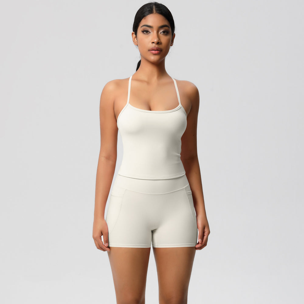 Cloud-feel, brushed, quick-dry yoga set: tank top with racerback, butt-lifting shorts, and pockets - perfect for running and fitness