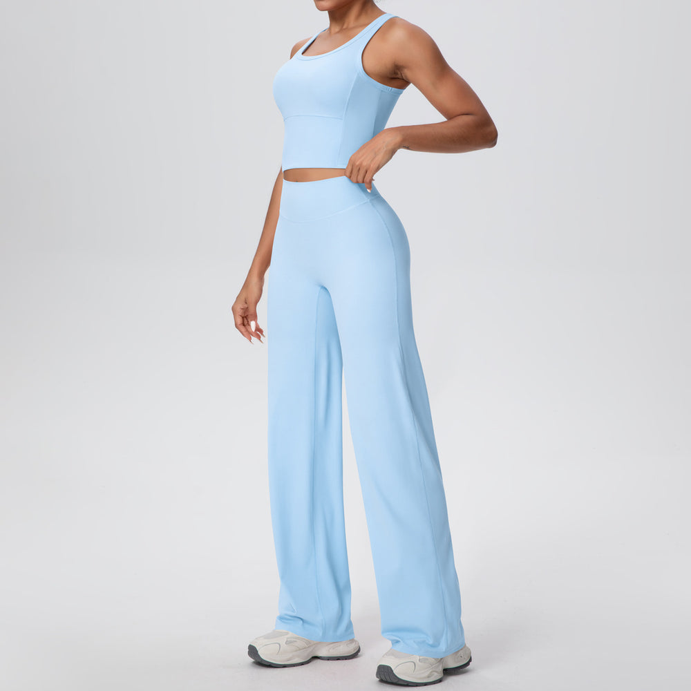 New arrival: cross-border double-sided brushed solid color breathable long wide-leg yoga outfit set - two-piece activewear for running and fitness