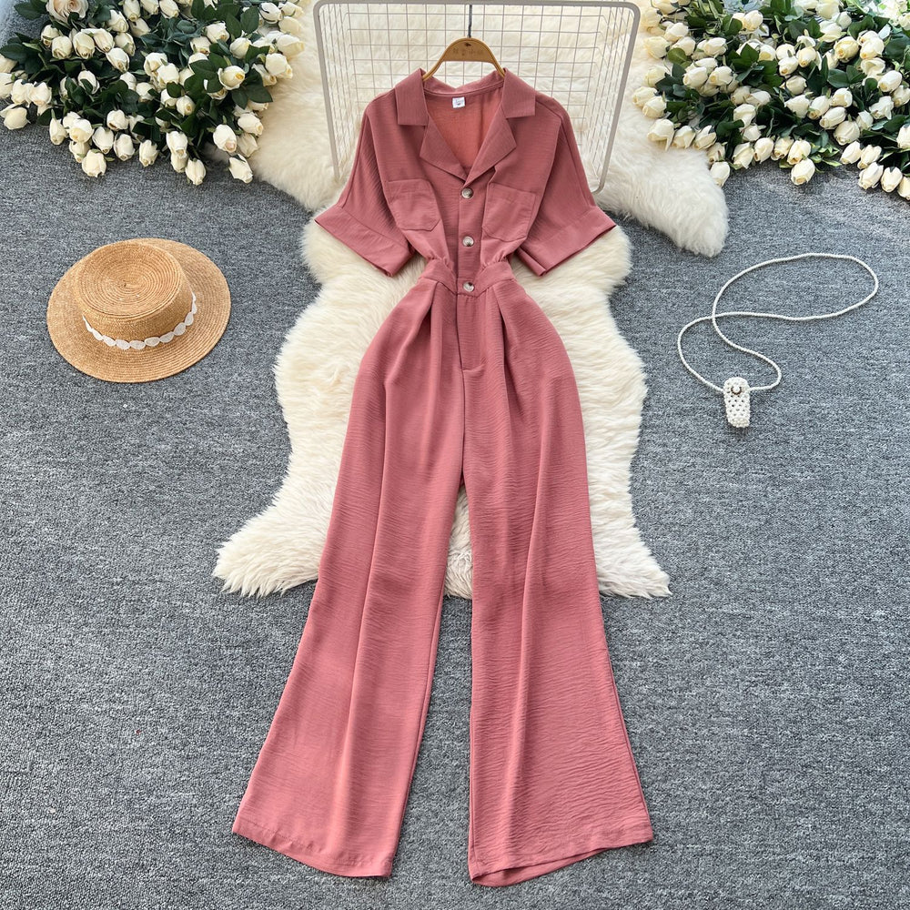 Summer women's new jumpsuit chic niche lightly mature style suit collar single breasted short sleeve high waistcasual jumpsuit