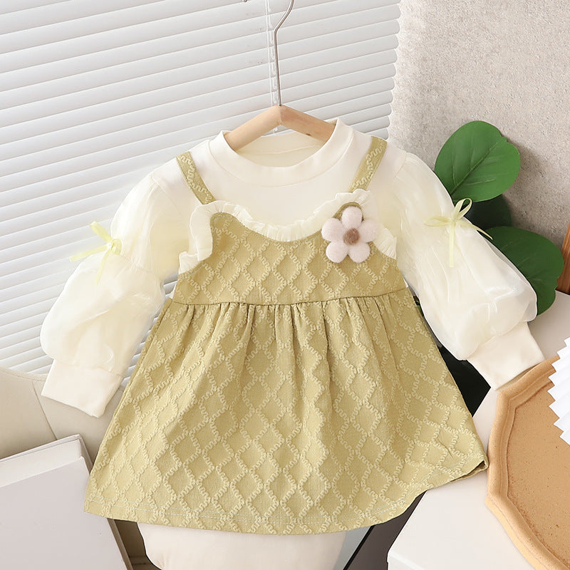 Girls' korean style dress  new fashionable toddler girl bubble sleeve princess dress spring and autumn long sleeve dress