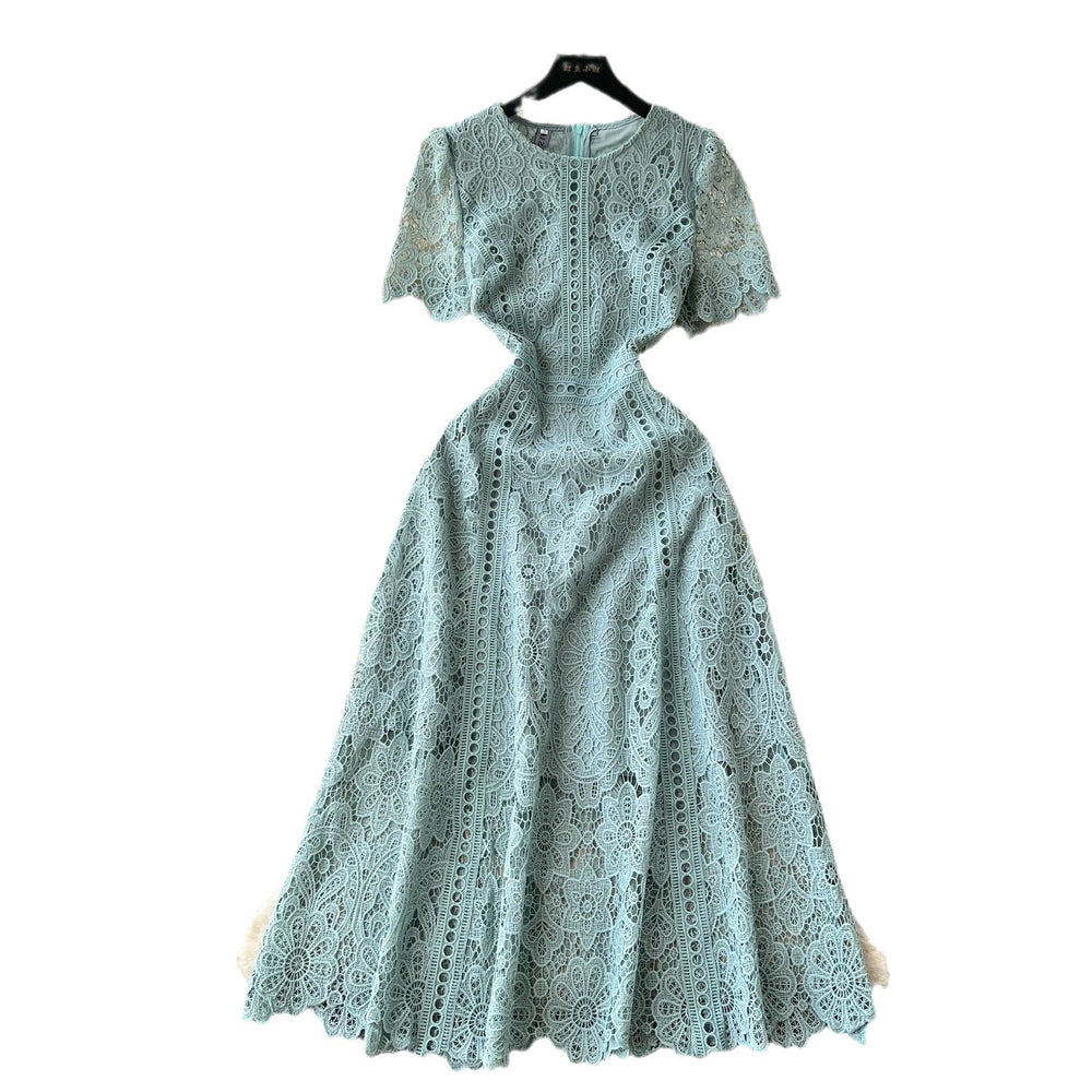 Niche styleretroclassy round neck lotus leaf sleeve lacedress female summernew arrivalslimming lookeleganceelegance long skirt