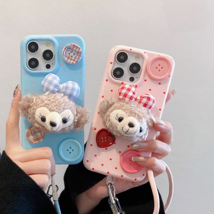 Leather pattern suitable for apple 16pro plush duffy bear mobile phone case iphone13/11 anti-fall soft case protective cover