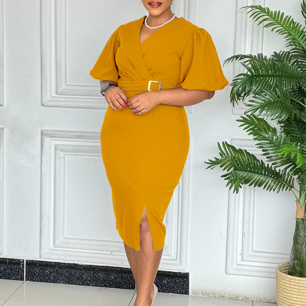 D3331export women's clothing new arrivalfashionv neck puff sleeves pure color waist slit hip-covering african dress