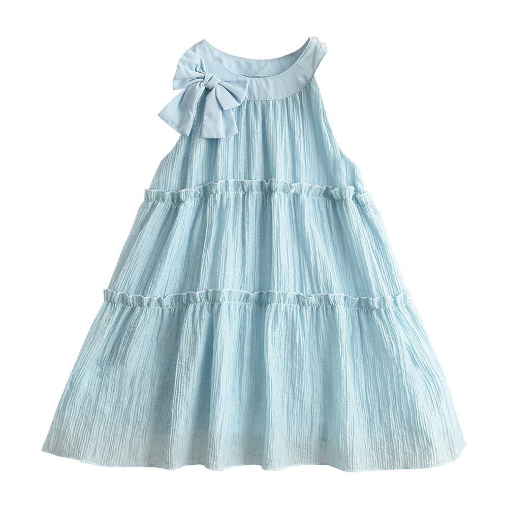 summer new girls' blue tiered korean style cross-border bow chiffon halter princess dress
