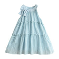 summer new girls' blue tiered korean style cross-border bow chiffon halter princess dress