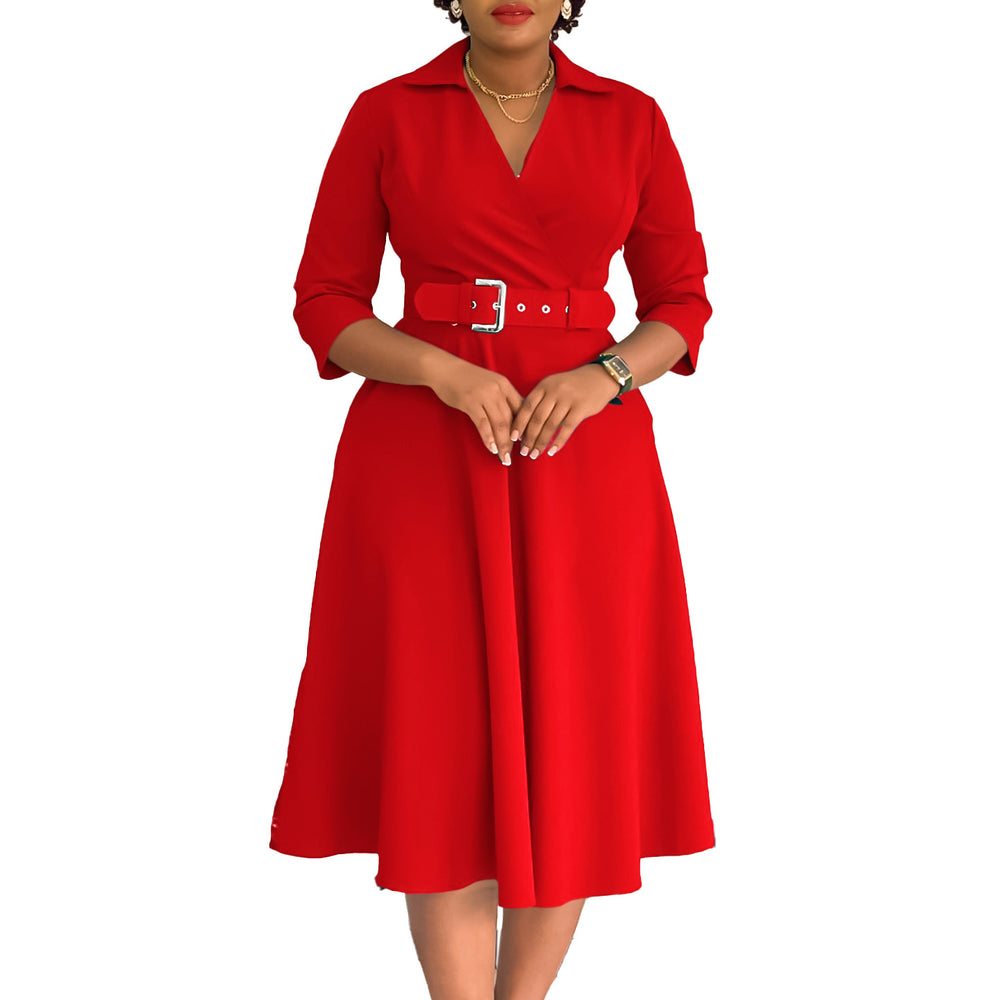 D3290 european and american plus size women's clothing  autumn new arrival: lapel collar, stylish and elegant solid color maxi dress - export quality