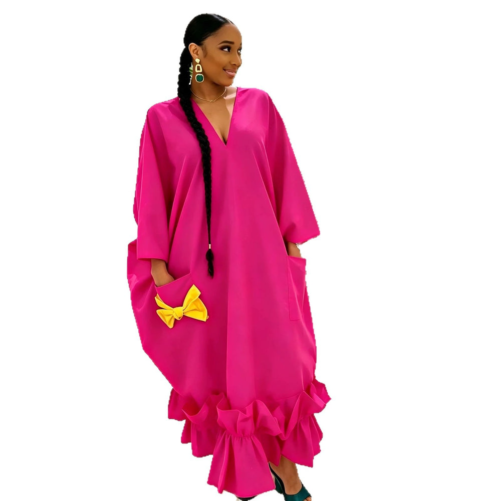 African-inspired new party dress: v-neck batwing sleeve robe with pocket and bow detail