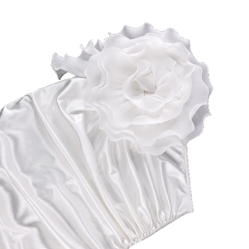 New arrivalsexy sloping shoulder whitedress classy satin stereo flower silm hip skirtsexy dress