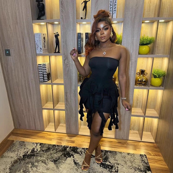 Foreign trade   European and American new streamer tube top sexy backless hip ruffle edge dress women's clothing