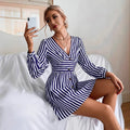 European and american cross-border   new fashion slim-fit v-neck button-down striped long-sleeve ruched women's dress