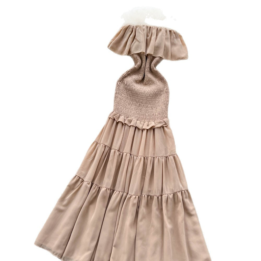 French goddess style one-shoulder ruffle trim spliced dress - slim fit, figure-flattering, elegant vacation maxi dress