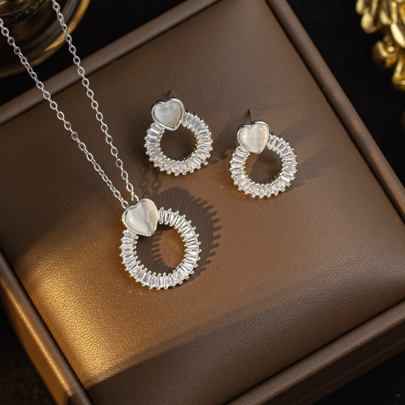 [titanium steel] european and american ring square zircon necklace women's earrings suit high-end gemstone light luxury cross-border clavicle chain jewelry