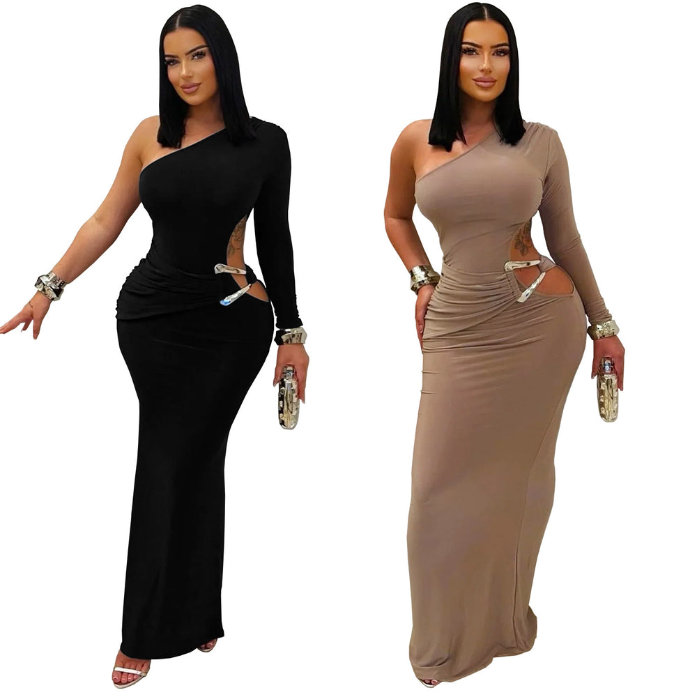 C7543 cross-border   fashion women's sexy one-shoulder sleeveless bodycon solid color dress