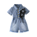 girls' denim jumpsuit - short sleeve, turn-down collar, cinched waist, pearl and floral embellishments, girls' cargo pants style