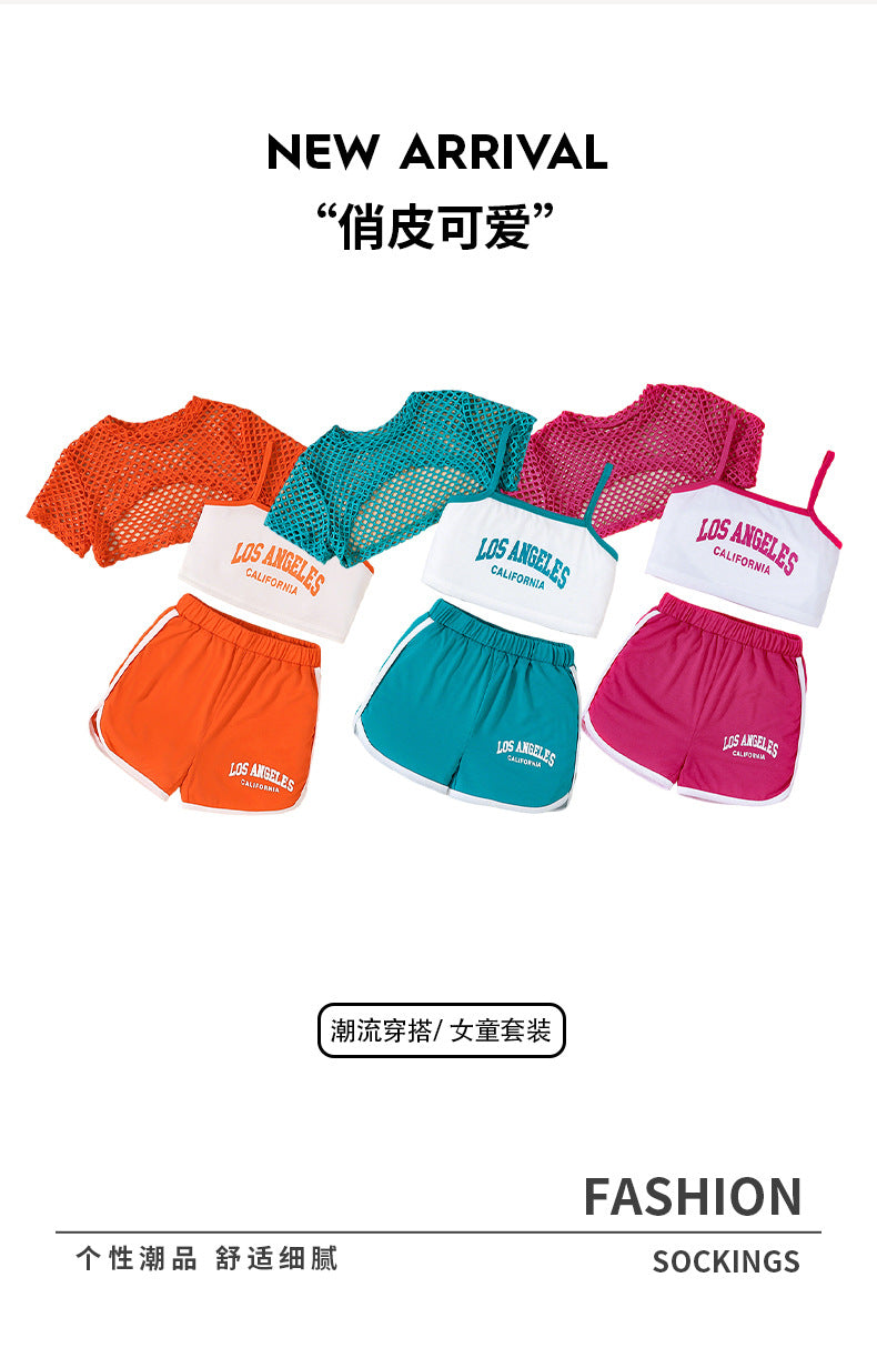 children's camisole set, featuring a three-color mesh cover-up and a letter-printed top. a retro sporty three-piece outfit for kids