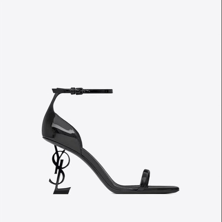 European and american solid color ankle strap heeled sandals women's square toe buckle party letter heel high heels