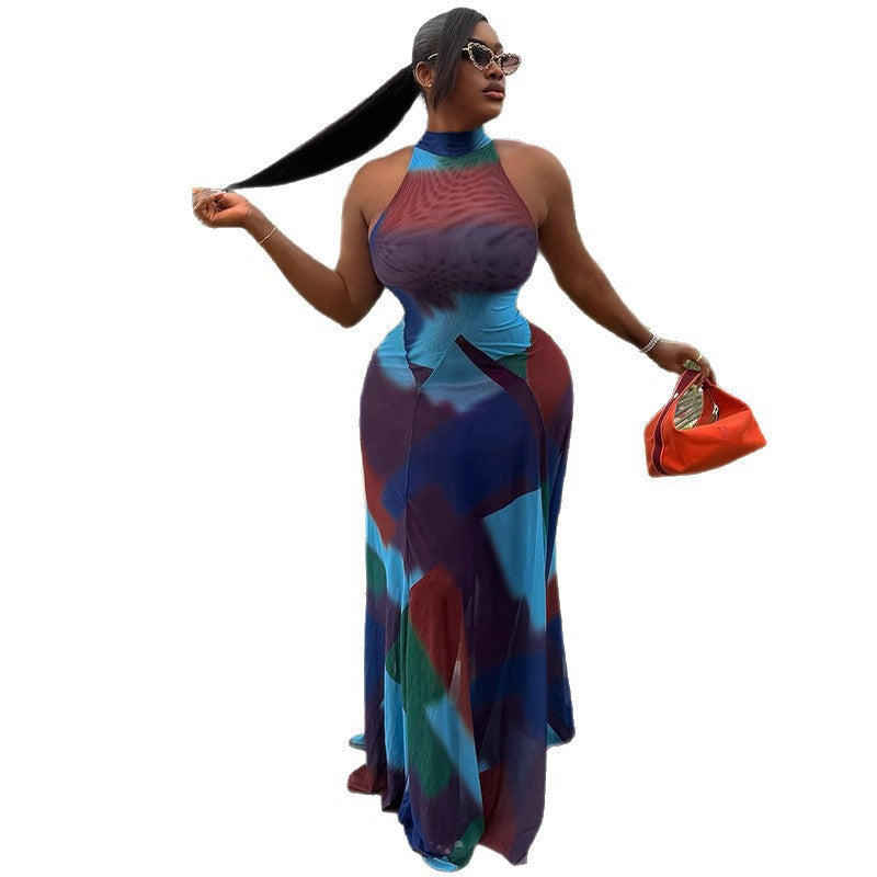 European and american style cross-border women's fashion printed waist-cinching pleated bodycon dress stand collar sleeveless color block maxi dress wholesale