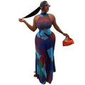 European and american style cross-border women's fashion printed waist-cinching pleated bodycon dress stand collar sleeveless color block maxi dress wholesale