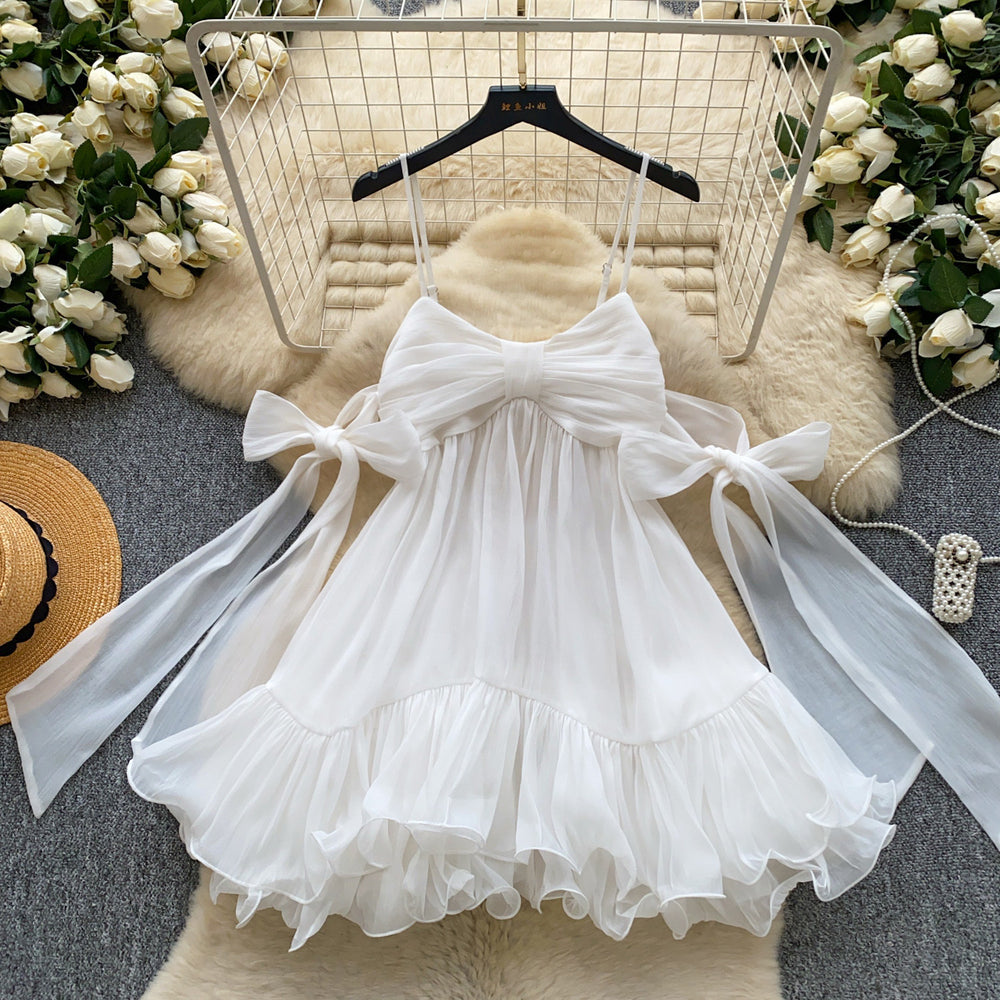 French girl style sweet & spicy bowknot cami dress - korean ruffle trim a-line skirt - age-defying