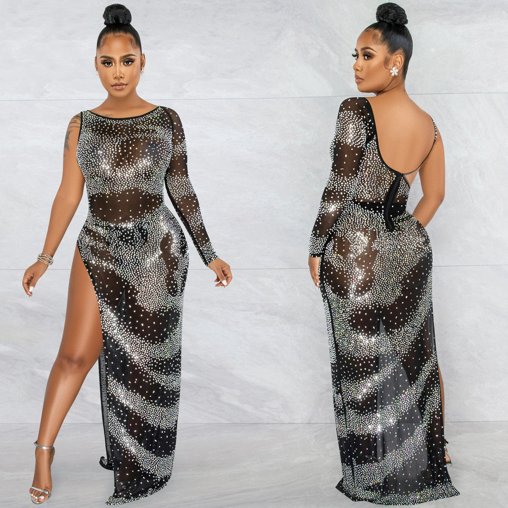 X5622   fashion sexy nightclub rhinestone single long sleeve asymmetrical slit maxi dress