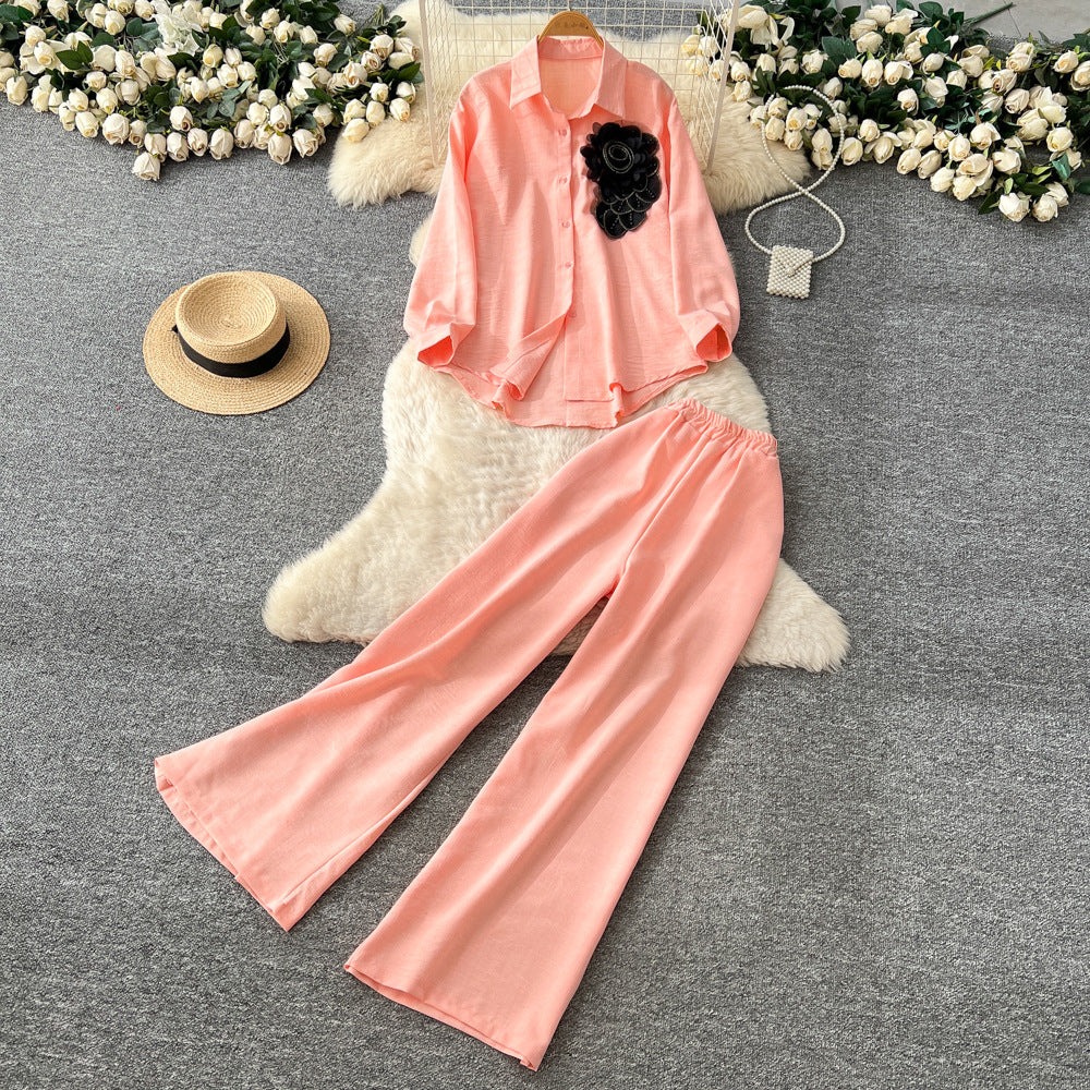 Light mature style wear women's autumn fashion heavy industry beading stereo flower long sleevesshirthigh waistloose wide leg pants
