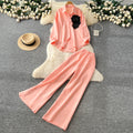 Light mature style wear women's autumn fashion heavy industry beading stereo flower long sleevesshirthigh waistloose wide leg pants