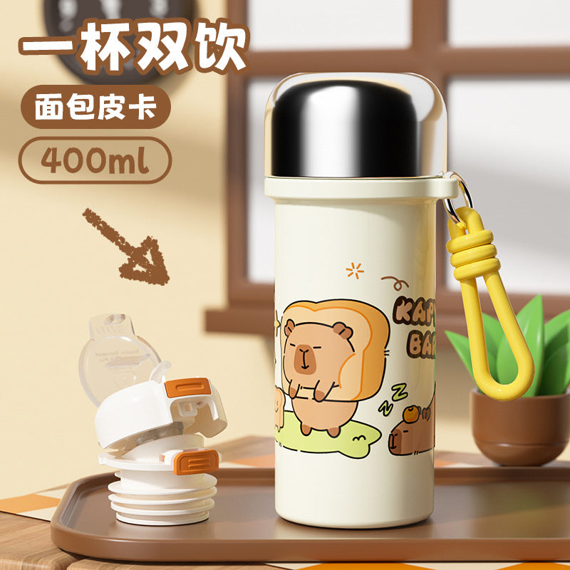 316 stainless steel high-style insulated tumbler - cute capybara design - kids' water bottle - portable handheld double-drink straw cup