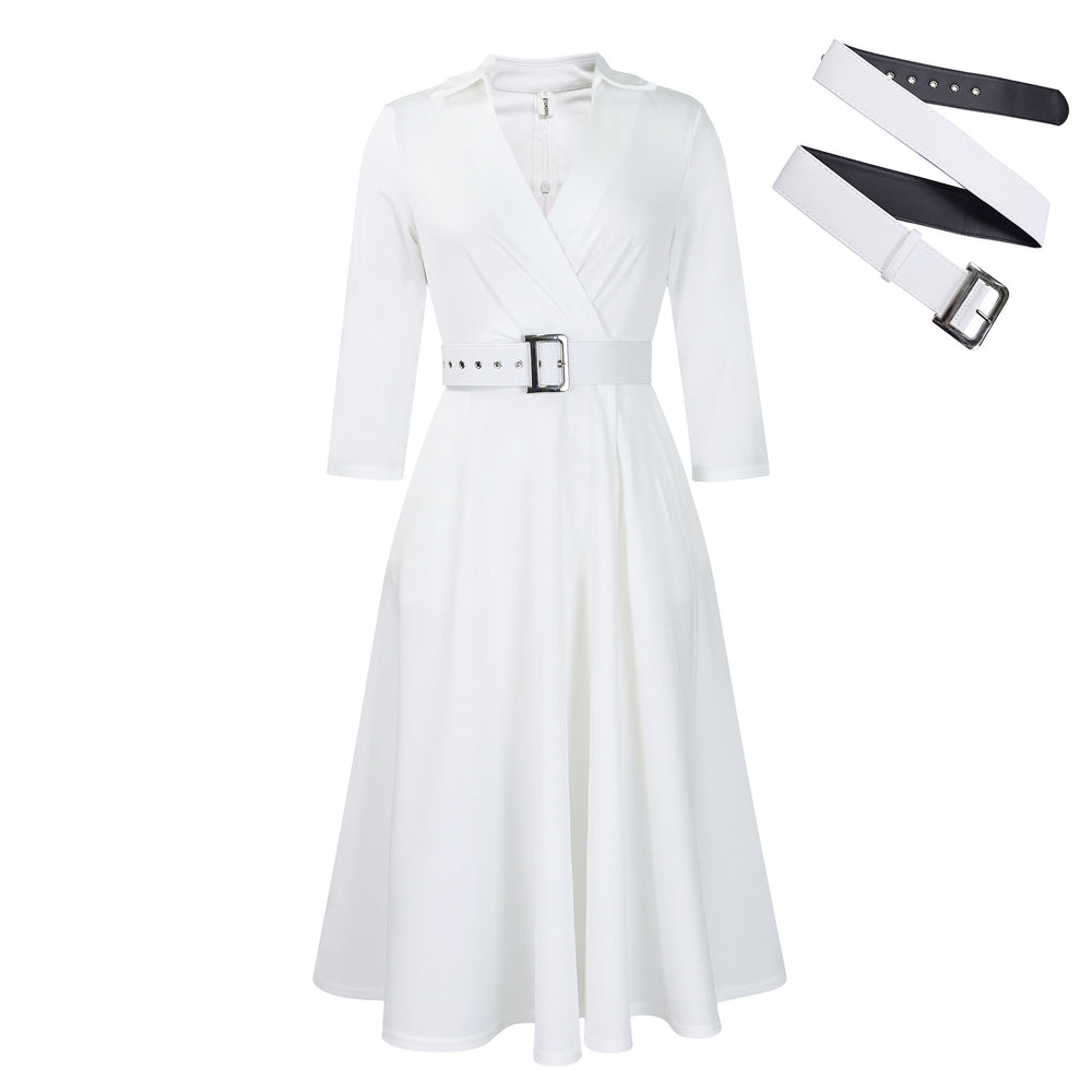 D3290 european and american plus size women's clothing  autumn new arrival: lapel collar, stylish and elegant solid color maxi dress - export quality