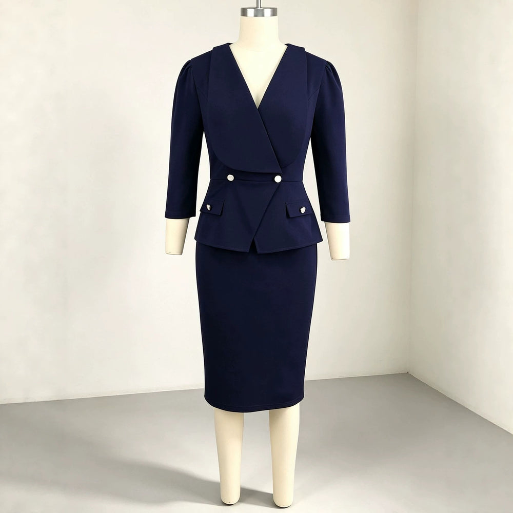 Commuting office lapel pure colorlong sleevessuit skirt rufflesilm hip-hugging office ladydress