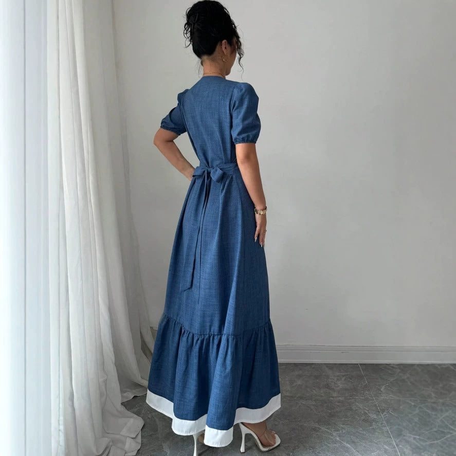 European and american   summer gentle first love style slim fit button-down waist-defining lace-trimmed maxi dress