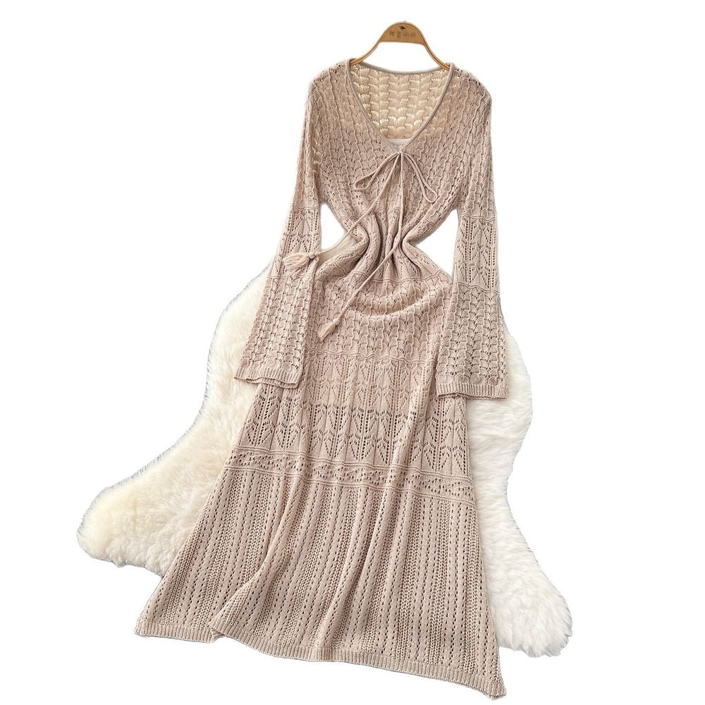 Korean chic sweet & gentle style hollow-out crochet lace-up v-neck long sleeve knitted dress - women's high-end maxi dress