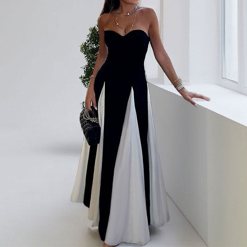 cross-border e-commerce european and american women's clothing: new summer collection - color block crew neck casual fitted waist slimming a-line maxi dress