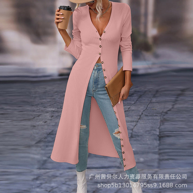 Shangxin Foreign Trade 2023 European and American Button Long Pit Strip Thin Jacket Open Dress