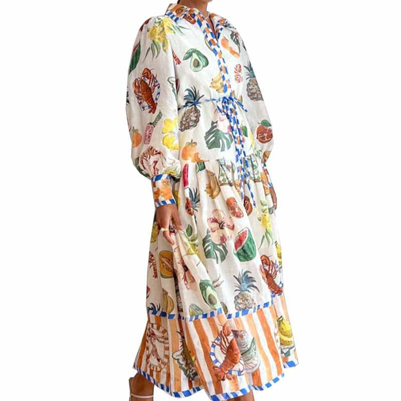 cross-border e-commerce european and american women's clothing: new summer collection - lantern sleeve printed collar, cinched waist, and flared maxi dress