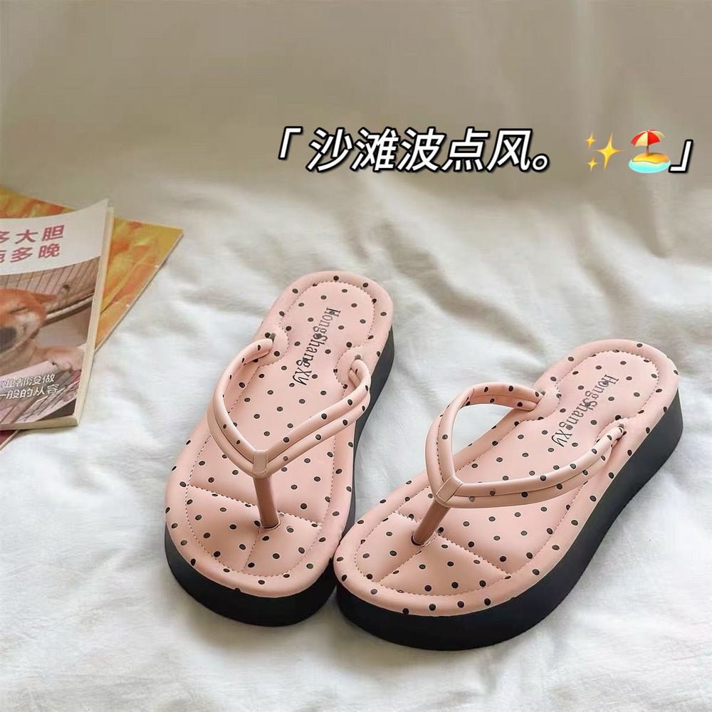Korean retro polka dot platform flip-flops - women's summer outdoor fashion hot style beach thong sandals for vacation