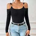 european and american women's clothing  fall/winter metallic hook long sleeve tank top ribbed knit slim fit solid color elegant top