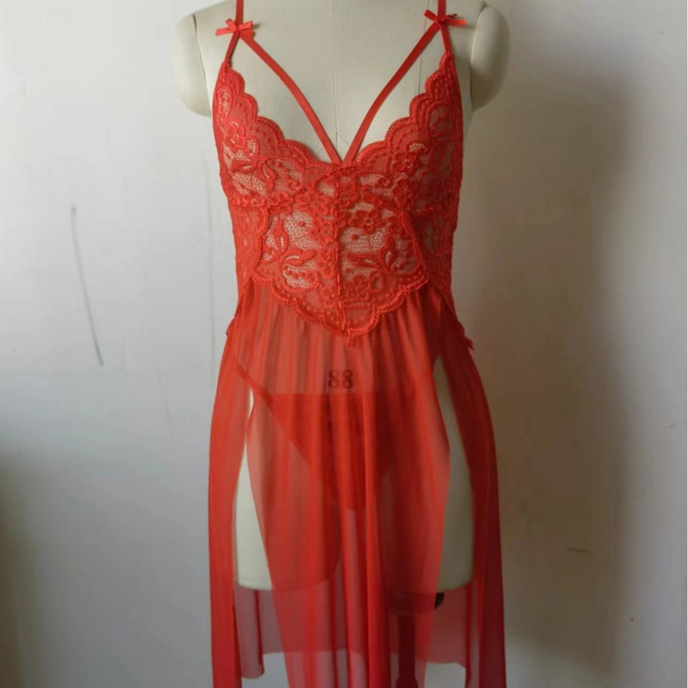 fashion sexyintimates wholesale women's sexylace mesh patchwork suspender slit thin long skirt nightgown