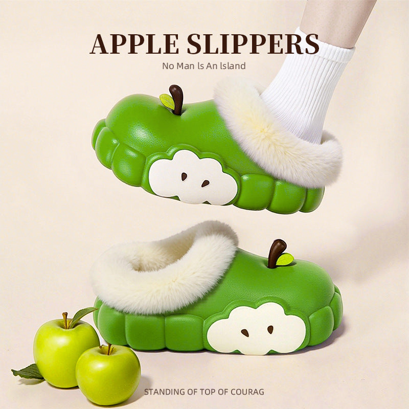 Women's cotton slippers - new 2025 winter collection: red apple design, fleece-lined, warm, indoor/outdoor, non-slip, thick-soled cotton shoes