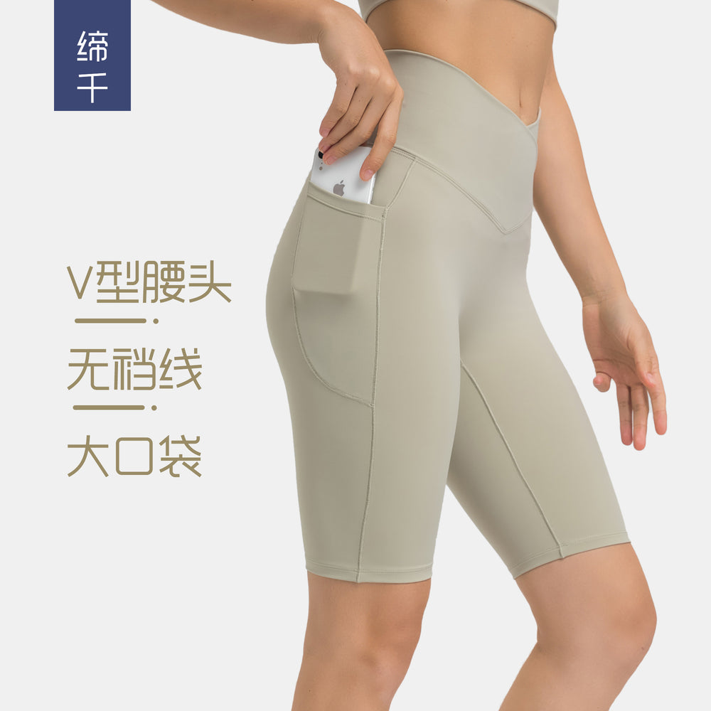 European and american style cross-waist athletic leggings for women, double side pockets, seamless (no t-line), high-elasticity, butt-lifting, 5-inch yoga pants dk197